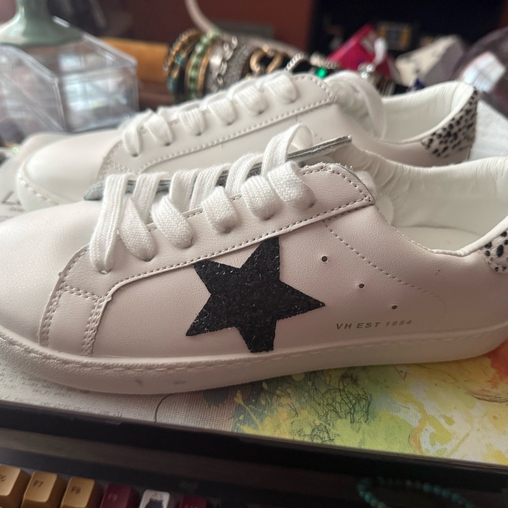 Vintage Havanas -Carla Cheetah White Sneakers with Black Star Accent.